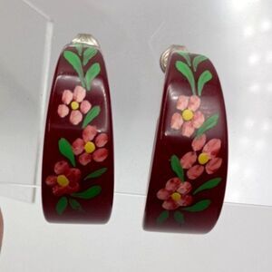 Vintage Lucite Clip-on Hoop Earrings Red Rust Hand Painted Pink Floral